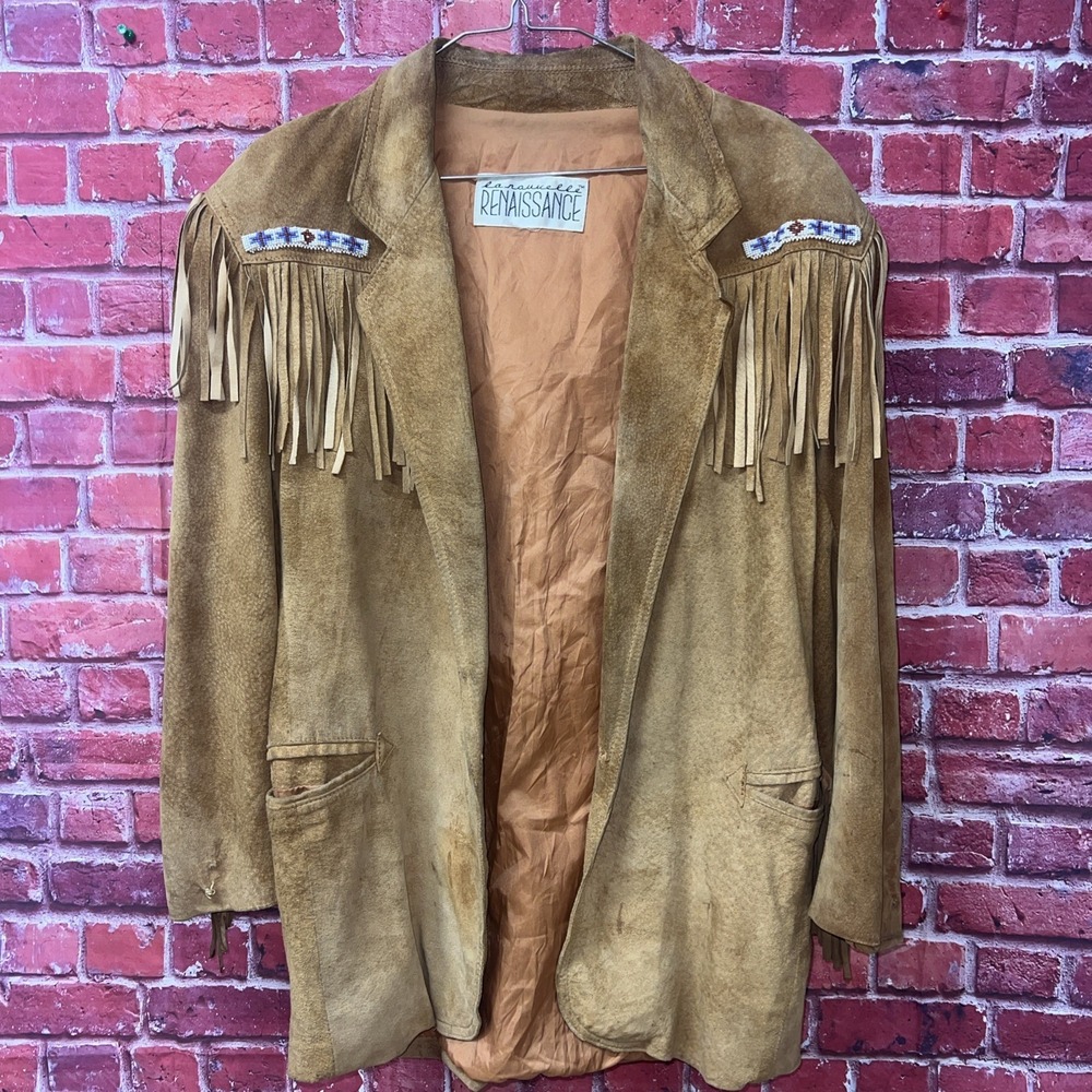 La Nouvelle Renaissance Vintage Suede Fringe Beaded Western Jacket Tan Small